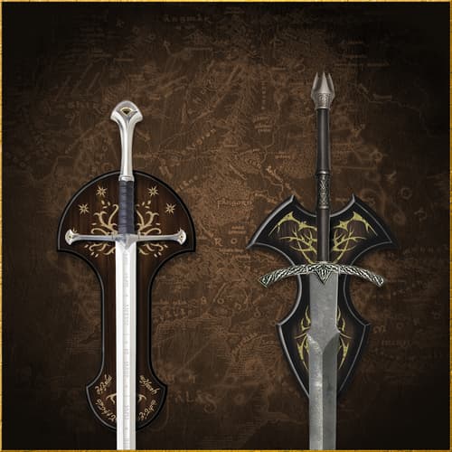 Two swords displayed on decorative plaques against a map background