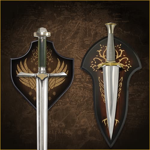 Swords displayed on decorative plaques with designs