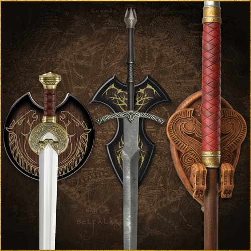 Three swords displayed on decorative plaques