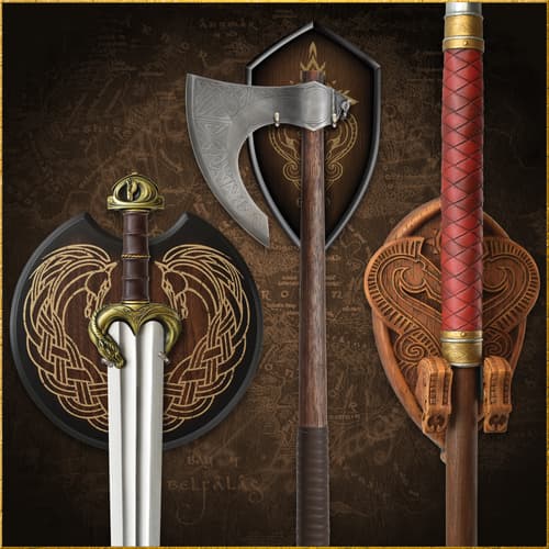 Rohan weapons and shields displayed on a map background