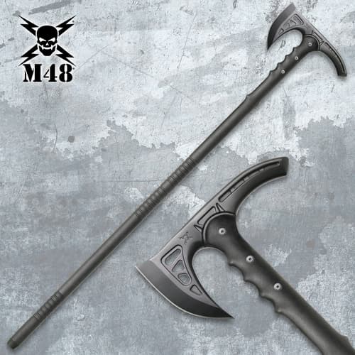 Tactical axe with detailed close-up on textured surface