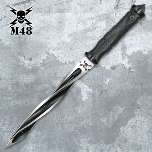 Single tactical knife with a spiraling blade and black handle