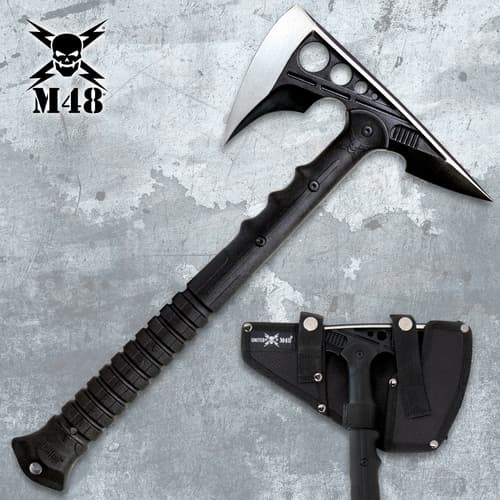 Single tactical tomahawk with sheath on a textured surface