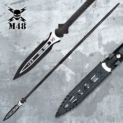 Black spear with silver blade and sheath on textured background