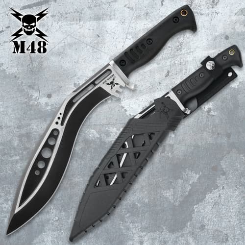 Two tactical knives, one with a sheath, on a textured background