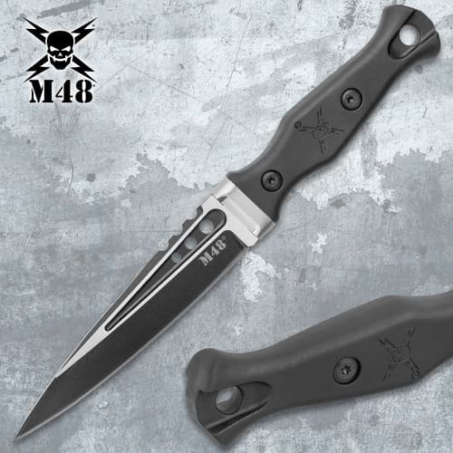 Single M48 tactical knife with black handle on a textured background