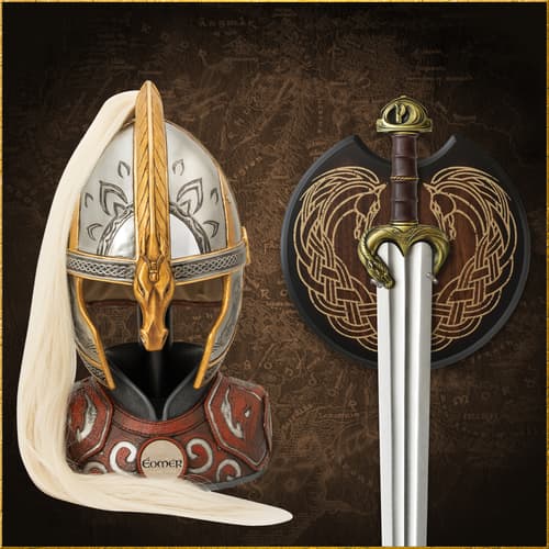 Helmet and sword with detailed engravings on a dark map background