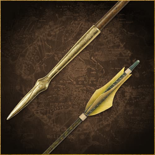 Close-up of an arrowhead and fletching on a map background