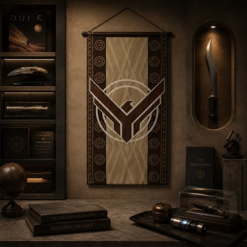 Decorative banner on wall with books and artifacts