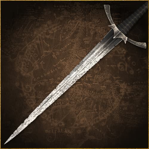 Close-up of a sword on a map background