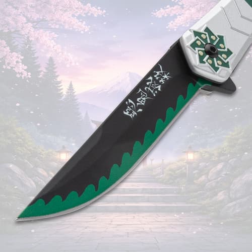 Close-up of knife blade with green accents and symbols