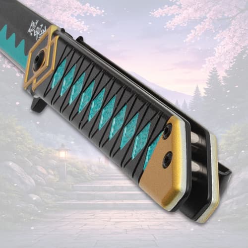 Close-up of knife handle with teal diamond pattern and gold accents