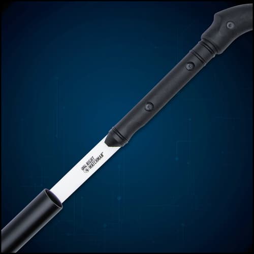 The blade is housed inside a black, hard-coated aluminum shaft that can be used as a striking weapon during an attack