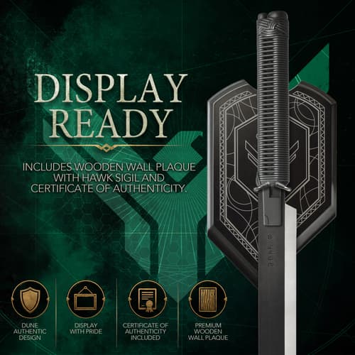 Display-ready sword with wall plaque and certificate