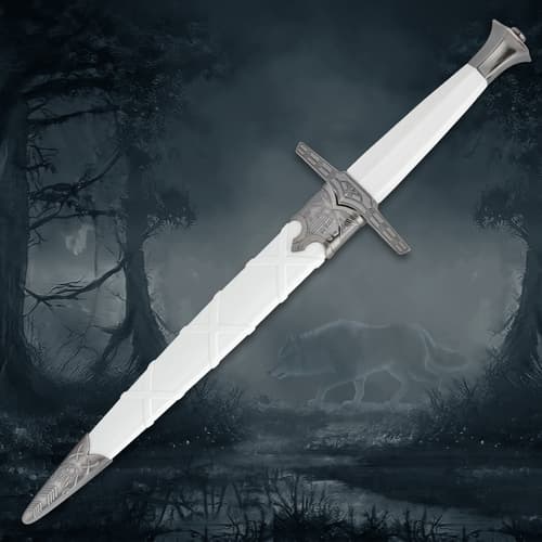 Sword sheathed in white scabbard, forest scene