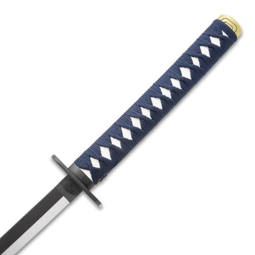 Close-up of katana handle with blue wrap