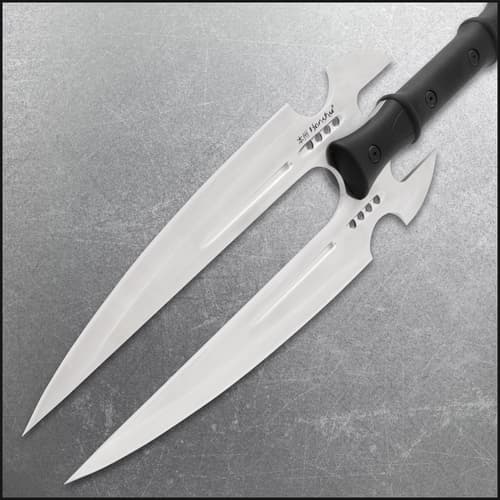 Close-up of double-headed spear blades and handle