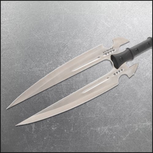 Close-up of twin stainless steel blades with black handle