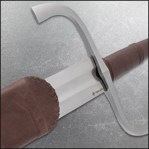 The Honshu German Long Sword is shown secured in its black leather sheath.