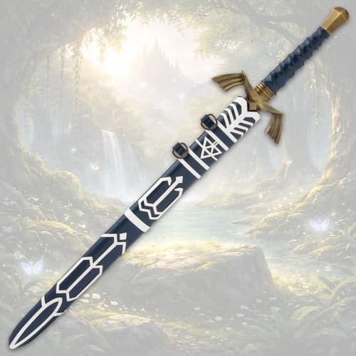 Sword sheathed in a decorated scabbard against a fantasy backdrop