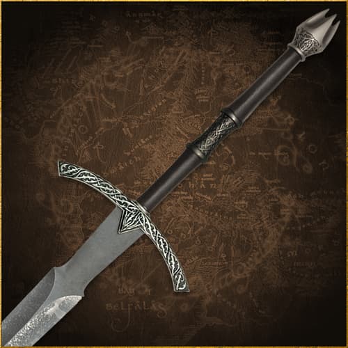 The Witch-King sword hangs from a decorative wood wall plaque with ornate detailing.