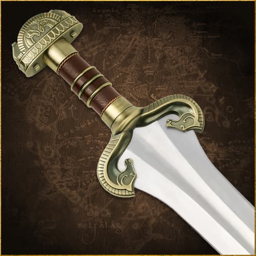 Eowyn’s sword is shown hanging on a wooden plaque with two gold horse heads framing the hilt.