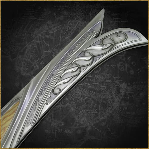 Close-up of sword hilt with runic inscriptions and patterns