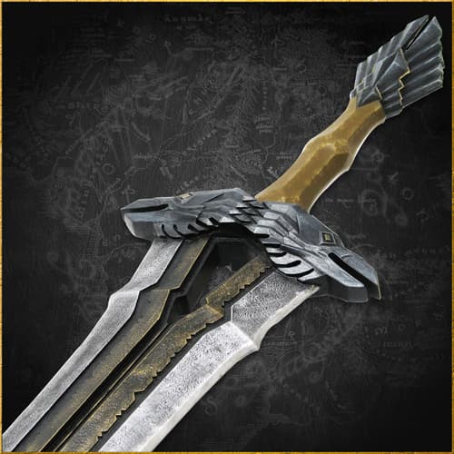 Close-up of sword hilt with raven design