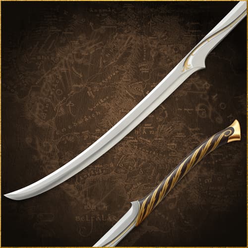 Close-up of a sword with golden vine engravings