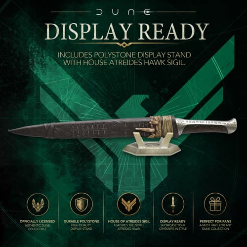 Display-ready crysknife with polystone stand and Atreides sigil