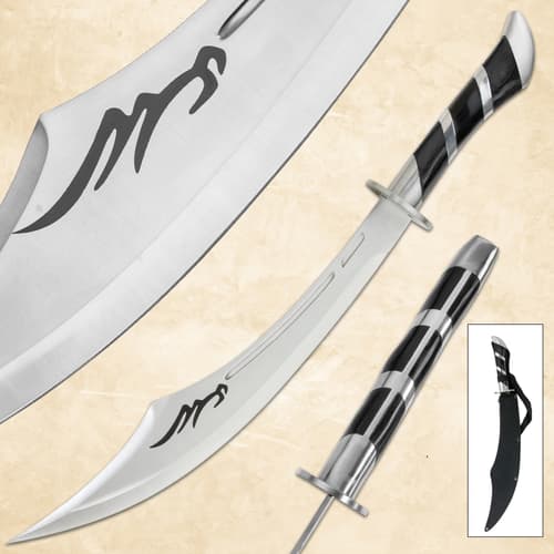 Close-up of scimitar with black handle and sheath
