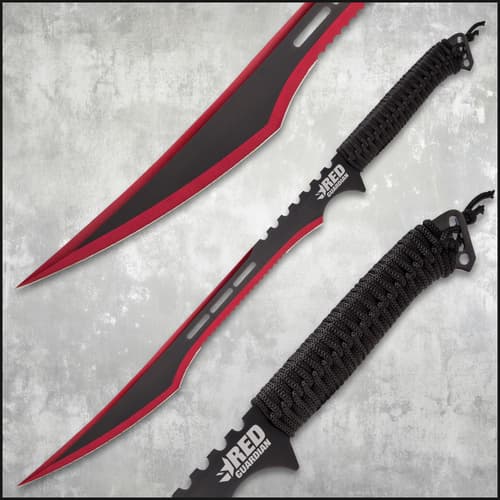 Close-up of Red Guardian sword with black handle
