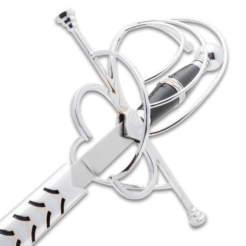 Close-up of rapier's intricate hilt design