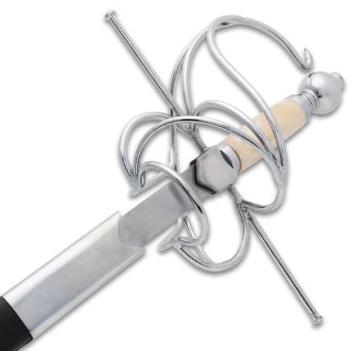 Close-up of rapier's intricate basket hilt