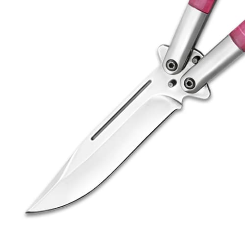 Close-up of butterfly knife blade with pink handle