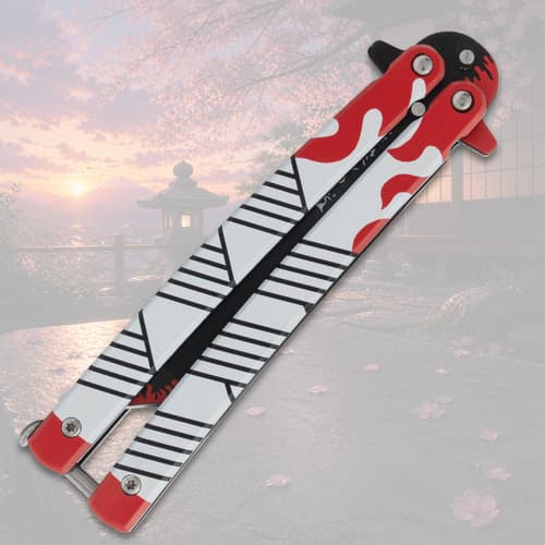 Closed butterfly knife with red and black flame design
