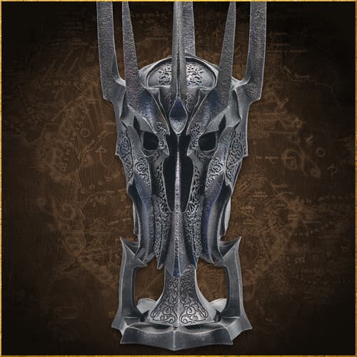 Front view of Sauron's detailed helm on map backdrop