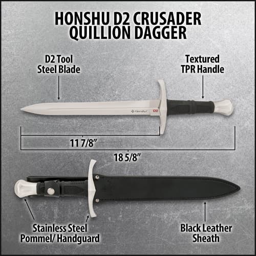 Honshu D2 Crusader dagger with measurements and features labeled