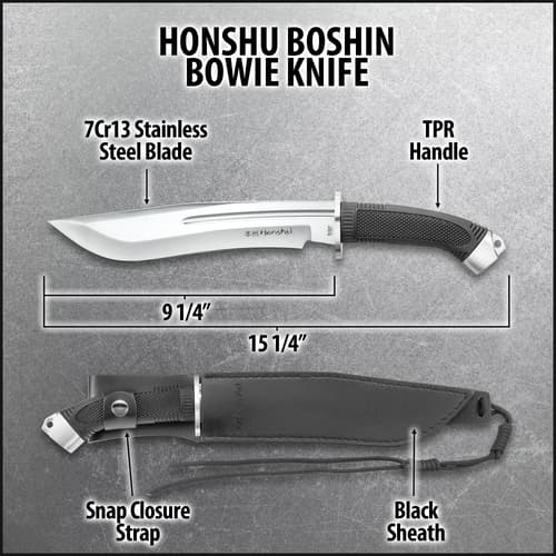 Diagram of Honshu Boshin Bowie Knife with specifications