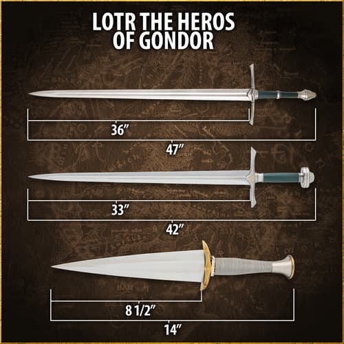 Swords and dagger with dimensions labeled, titled 'LOTR The Heros of Gondor'