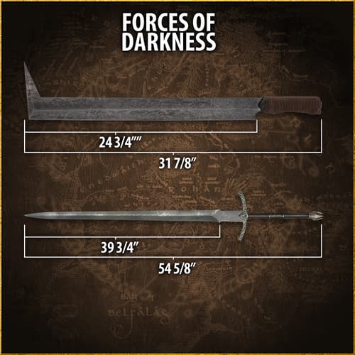 Two swords with measurements labeled 'Forces of Darkness'