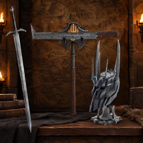 Medieval weapons and helmet displayed on a wooden table with a map background