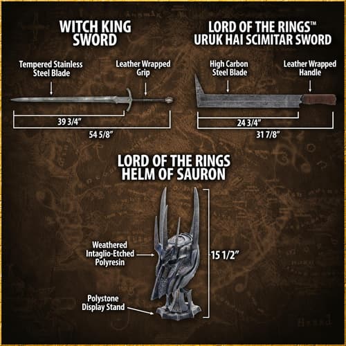 Image showing Witch King Sword, Uruk Hai Scimitar Sword, and Helm of Sauron with dimensions and materials