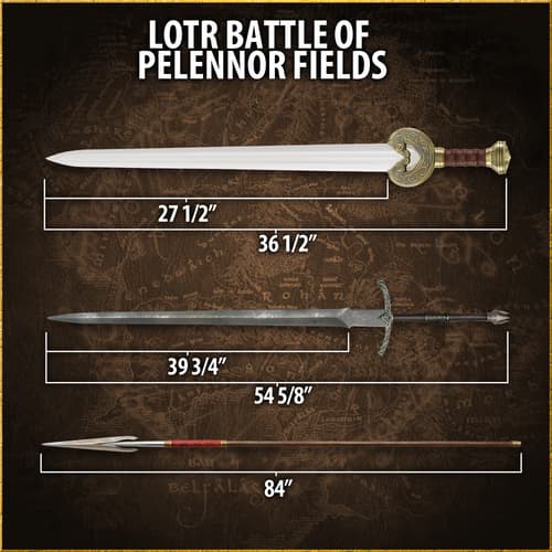 Dimensions of three LOTR weapons on a map background