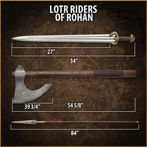 Dimensions of Rohan weapons displayed on a map background
