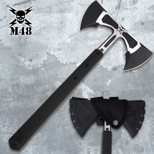 Double-headed tomahawk with sheath on a textured background