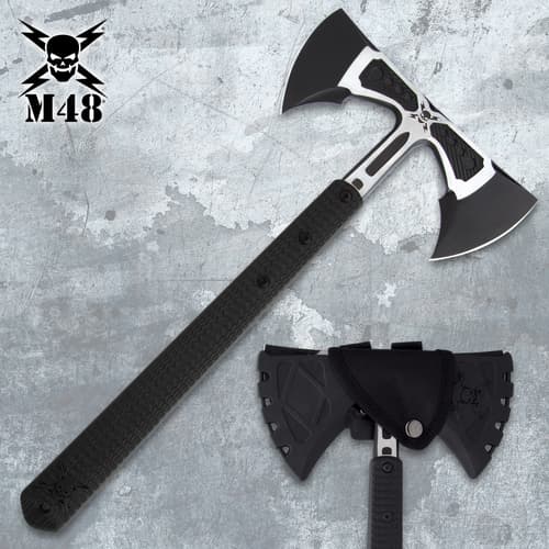 Double-headed tomahawk axe with sheath on a textured background