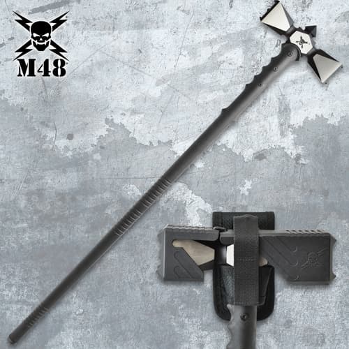 Double-headed war hammer with sheath on textured background