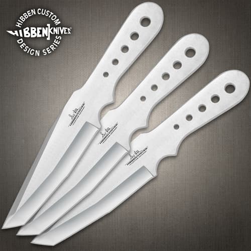 Three stainless steel throwing knives with holes