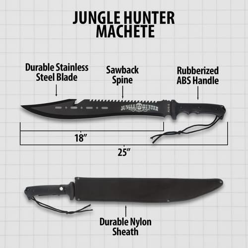 The machete’s black coated blade with cutouts and sawback blade design is shown stuck into a tree trunk.